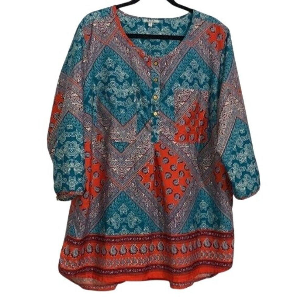 MPH Collection Womens 2X Boho Tunic Top Multicolor Paisley Print Button Front